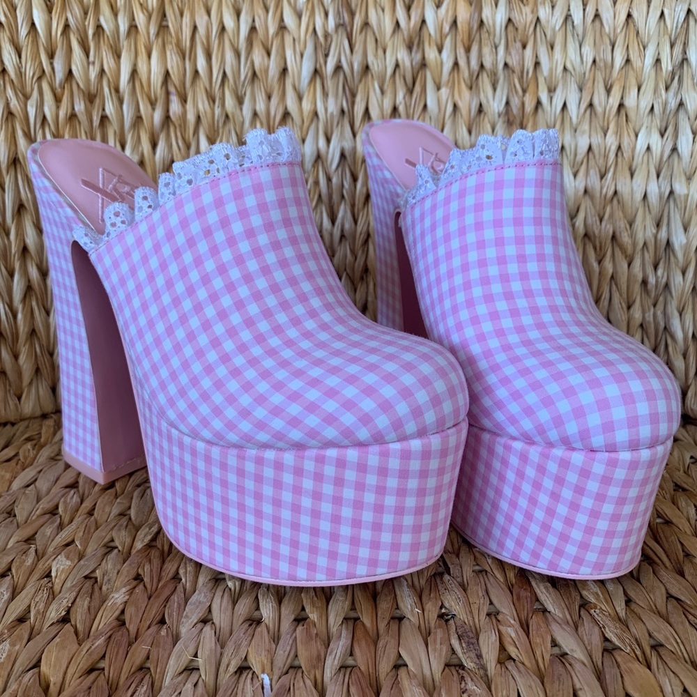 New YRU Stardust Pink Gingham Platform Mules Clogs